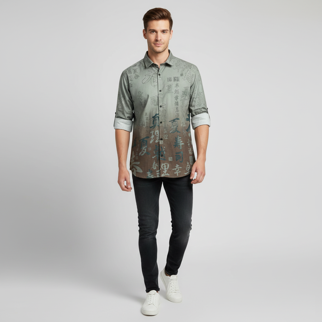 Artistic Script Print Ombre Casual Men's Shirt