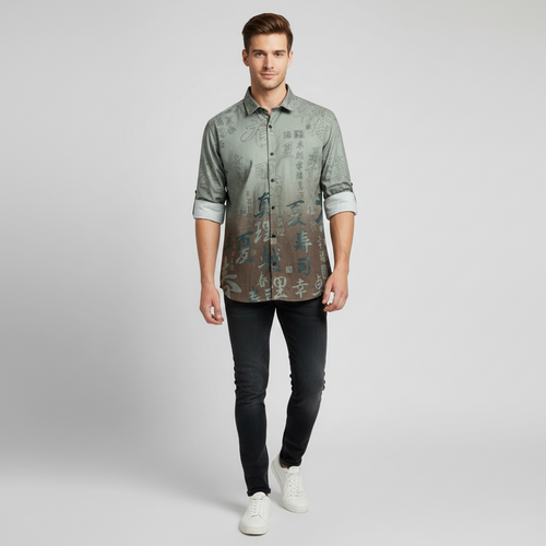 Artistic Script Print Ombre Casual Men's Shirt