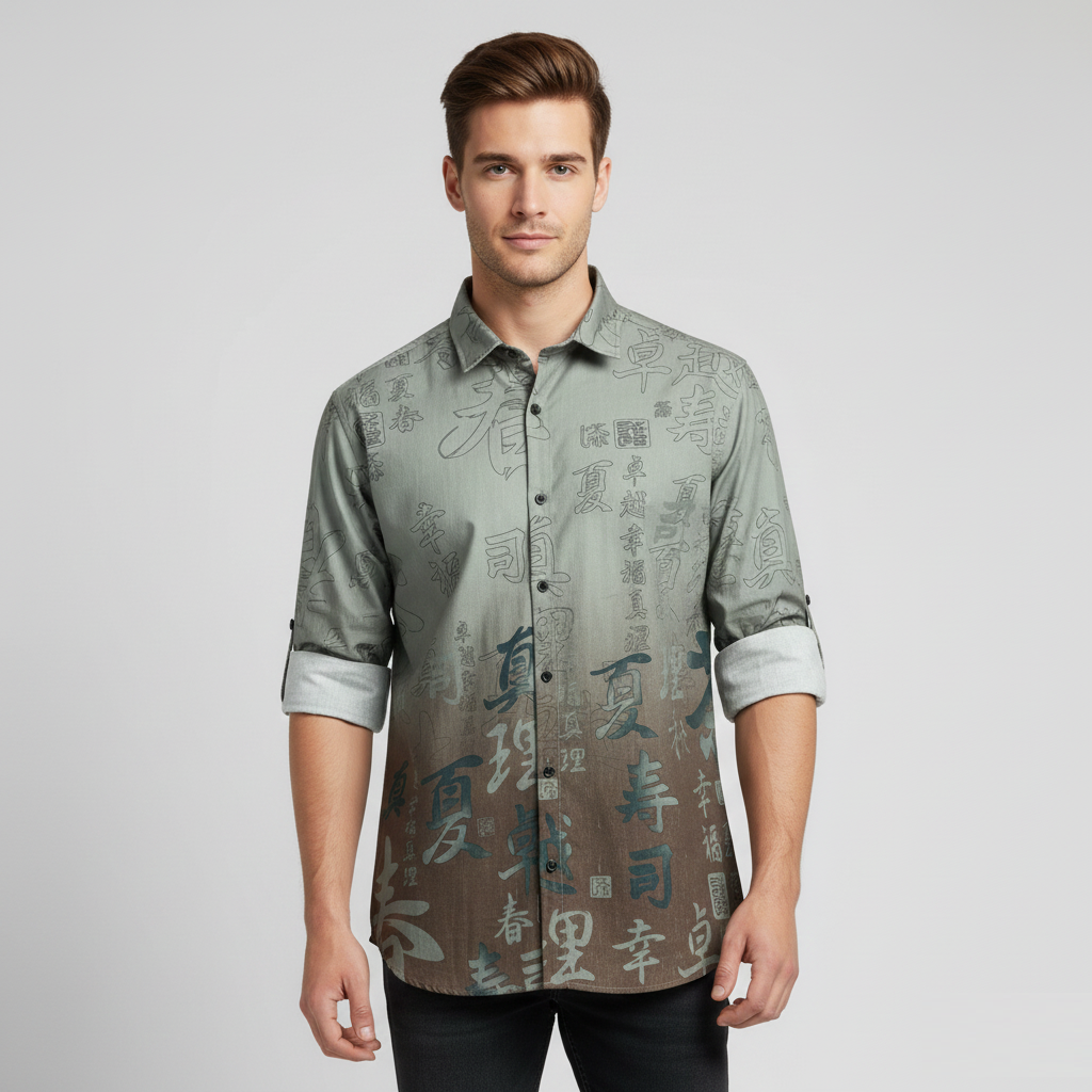 Artistic Script Print Ombre Casual Men's Shirt