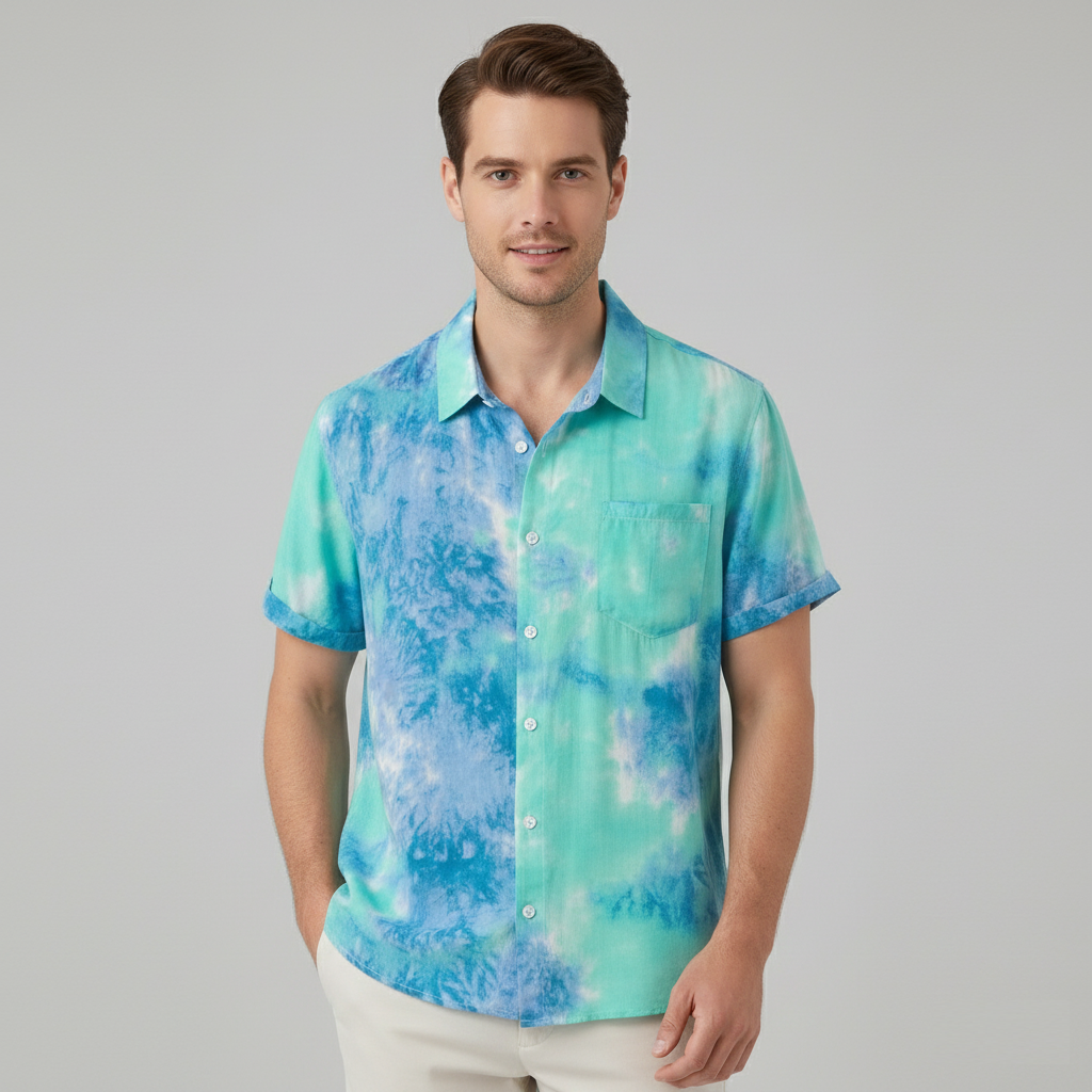 Blue Smoky Tie-dye Style Printed Mens Shirt