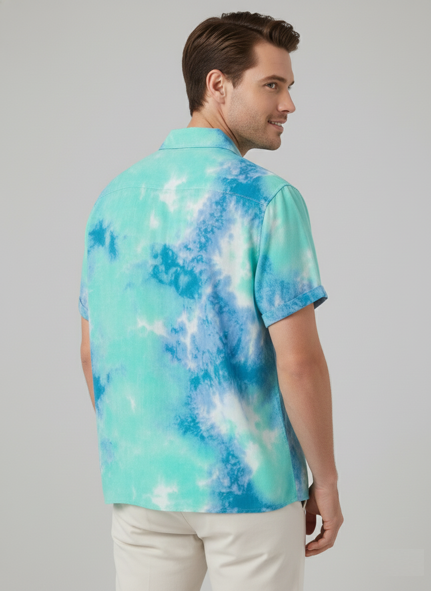Blue Smoky Tie-dye Style Printed Mens Shirt