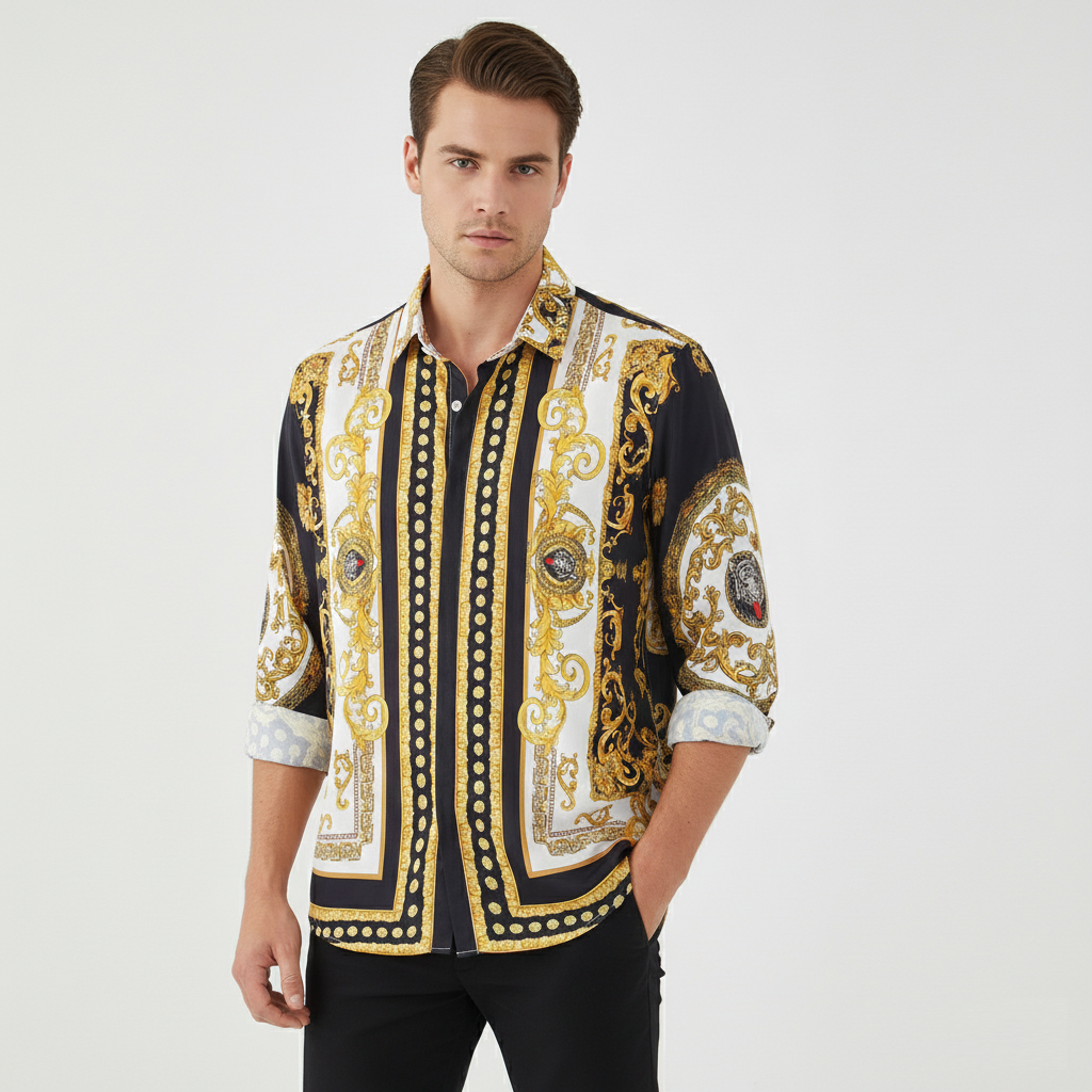 Men's Luxury Baroque Print Shirt - Gold & Black Long Sleeve