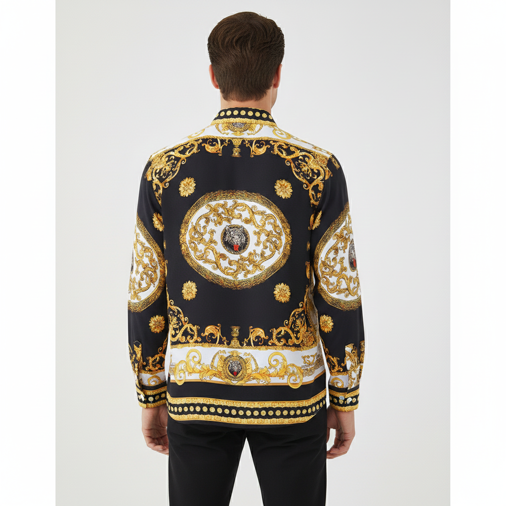 Men's Luxury Baroque Print Shirt - Gold & Black Long Sleeve