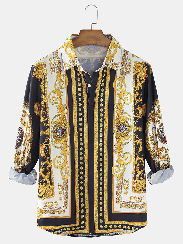 Men's Luxury Baroque Print Shirt - Gold & Black Long Sleeve