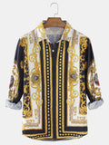 Men's Luxury Baroque Print Shirt - Gold & Black Long Sleeve