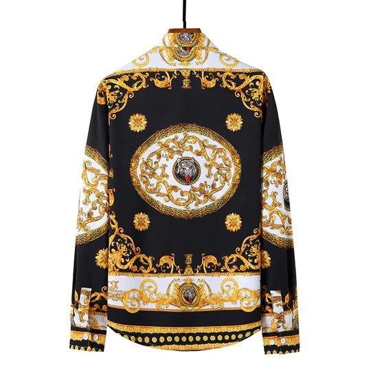Men's Luxury Baroque Print Shirt - Gold & Black Long Sleeve