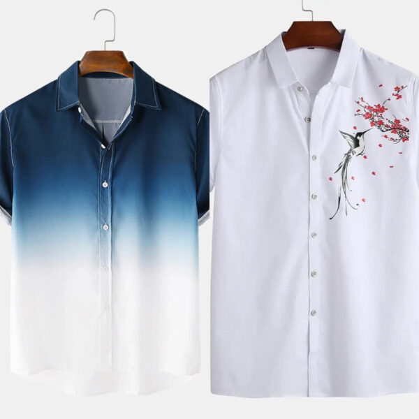 Denim Style Print Shirt and White Bird Print Shirt