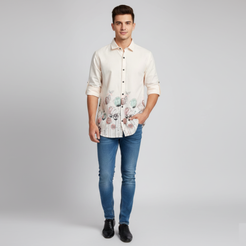 Light Peach Hem Print Cotton Linen Shirt