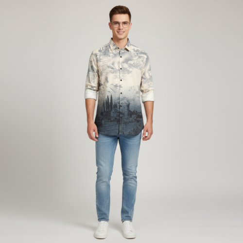 Men’s Ombre Landscape Print Casual Button-Down Shirt